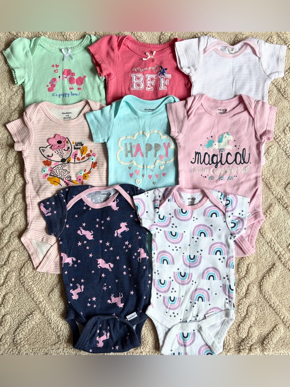 Baby Girl 0-3M Bodysuit Bundle - Short Sleeve Colorful Onesies, Lot Of 8